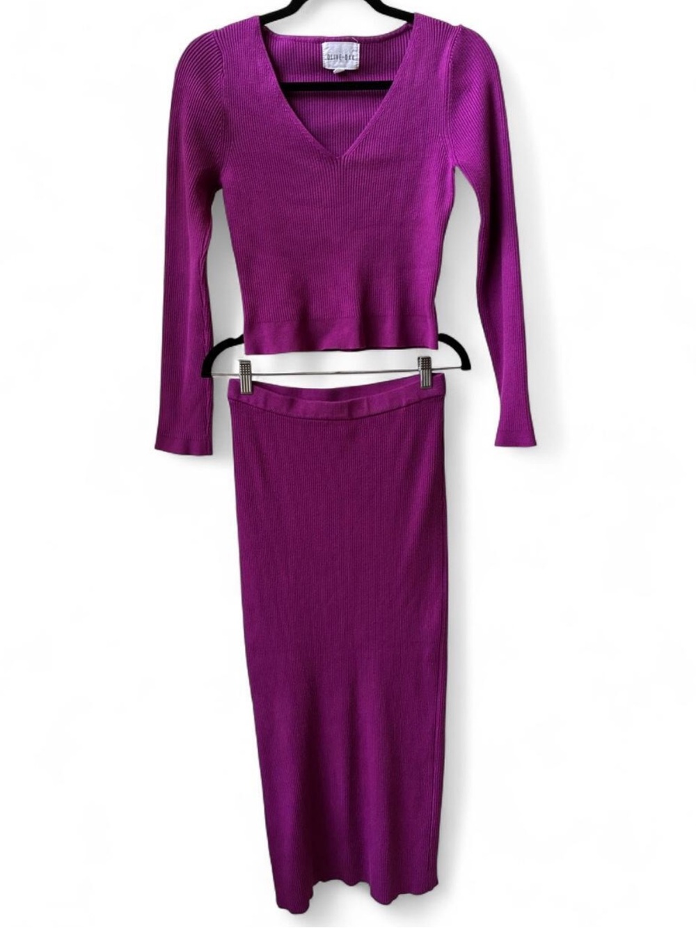 Olive & Oak magenta purple matching two piece set knit ribbed long sleeve skirt